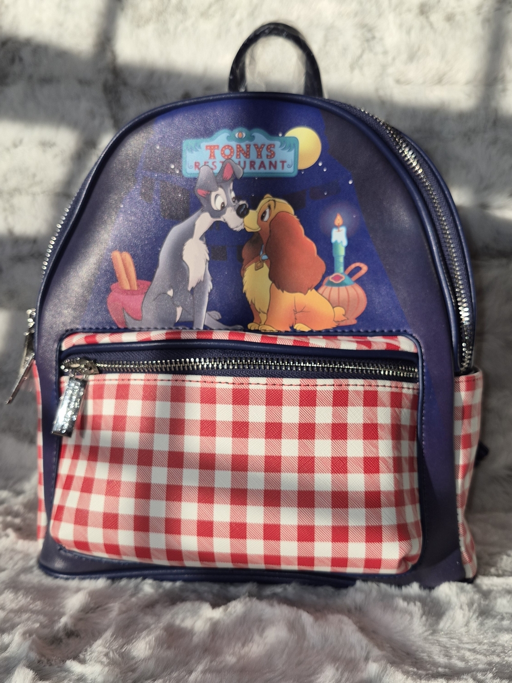 Danielle Nicole Navy Blue Backpack with Red Gingham Pocket